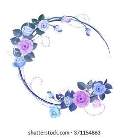 Round frame of roses blue and lilac. Soft colors, cold gamma. It can be used to design wedding invitations.