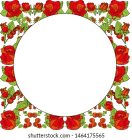 Round frame. Roses, buds and leaves.