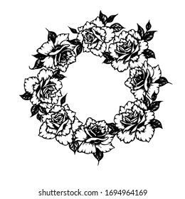 Marco redondo de rosas con espacio de copia. Hermosas flores gráficas dibujadas a mano con tinta negra para tatuajes, tarjetas, afiches, plantillas de redes sociales. Ilustración vectorial de material aislada en fondo transparente.