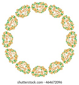 Round frame with roses and custom written word "Love". Design element for greeting cards, invitations, prints. Vector clip art.