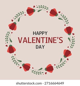 Marco redondo con rosas, corazones y texto. Feliz día de San Valentín. Febrero, 14. Tarjeta de felicitación, Anuncio, cartel, volante, publicidad, venta.