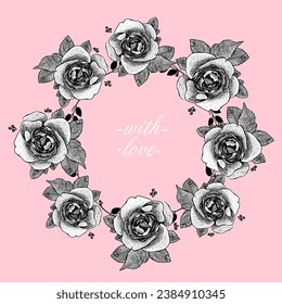 Round frame with roses, love and wedding theme vector graphic art, vintage style