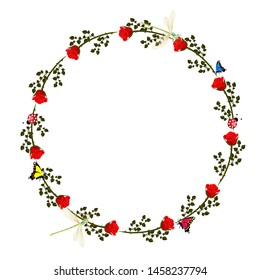 Round frame of roses on a white background
