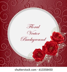 Round frame with roses and pearls on red background with swirl pattern for greeting card or invitation design.
