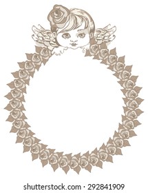 Round frame with roses in retro style