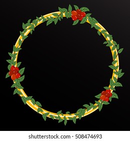 round frame. rowan tree with leaves on a black background. Red and green
