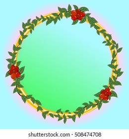 round frame. rowan tree with leaves on a blue background