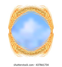 round frame of rye, barley and oats with the background inside, where the blue sky and clouds