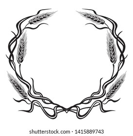 Round frame of rye ears in art nouveau style, graphics, black and white drawing.