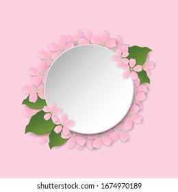Round frame with sakura blossom and space for text, paper cut style template, Vector illustration