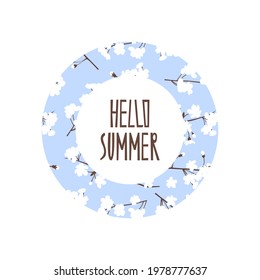 Round frame with sakura and japanese cherry blossoms for summer print in hand drawn style. Summer vibe logo. Vector stock illustration