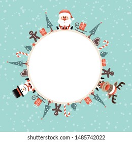 Round Frame Santa Rudolph And Snowman Icons Snow Turquoise