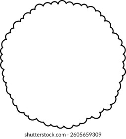 A round frame with scalloped edges in a simple line art style. The circular border features a continuous series of rounded curves forming a decorative outline. Cartoon vector illustration.