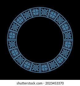Round frame with scandinavian ethnic pattern on black background