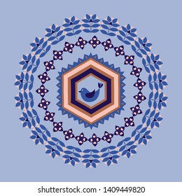 Round frame, scandinavian style, abstract floral pattern, bird, blue background, vector illustration