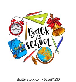 Round frame of school items, backpack, stationary with place for text, sketch vector illustration isolated on white background. Hand drawn school bag bell globe clock round frame with place for text