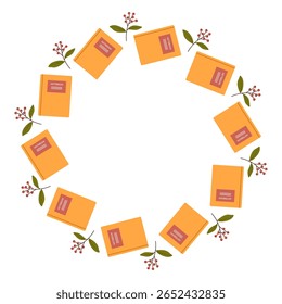 Round frame with school notebooks and autumn leaves. Flat vector illustration "Back to school" with pen, notebooks and autumn leaves.