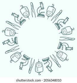 round frame of scientific and medical elements. hand-drawn in the style of doodles, dropper solution, microscope, scalpel, arranged in a circle with a stripe on a light green background with an empty 