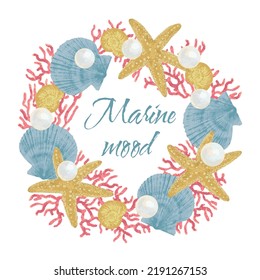 Round frame sea mood. Corals, shells, starfish, pearls. Texture vector illustration