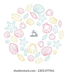 round frame of sea shells, doodle color vector illustration isolated on white background