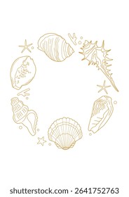 Round frame of sea shells on white background. Vector template.