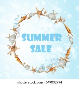 Round frame of sea shells on light-blue background. Words Summer Sale. Vector illustration.