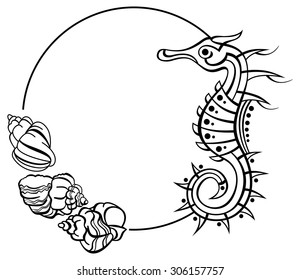 Round frame with seahorse and shells