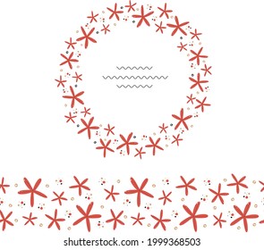 Round frame and seamless brush made of red starfish in scandinavian style with place for text