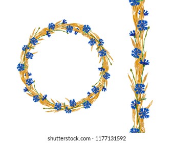 Round frame and seamless pattern of spikelets and cornflowers, vector illustration.