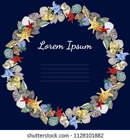 Round frame with seashells isolated on dark blue. Excellent print for greeting cards, clothes, fabric, gift box