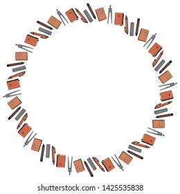 Round frame for September 1 of office supplies. Compasses, pencils, pens, rulers, notebooks and textbooks on a white background. Back to school. Vector.