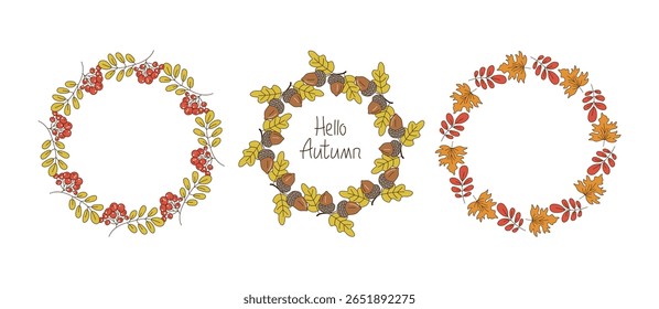 Round frame set, banner autumn. Leaves, acorns, berries, wreath, leaf fall. Hello autumn, inscription. Hand lettering, doodles, drawings. Natural botanical background.