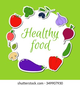 Round frame. Set of healthy vegetarian food. Vegetables. Hand drawn vector background.  Stickers.