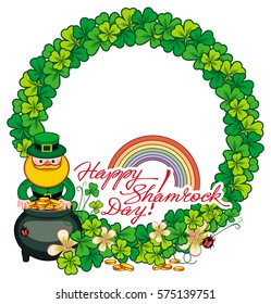Round frame with shamrock, leprechaun and a pot of gold. St. Patrick Day background. Copy space. Vector clip art.