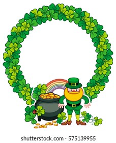 Round frame with shamrock, leprechaun and a pot of gold. St. Patrick Day background. Copy space. Vector clip art.