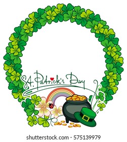 Round frame with shamrock and leprechaun pot of gold. St. Patrick Day background. Copy space. Vector clip art.