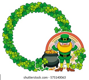 Round frame with shamrock, leprechaun and a pot of gold. St. Patrick Day background. Copy space. Vector clip art.