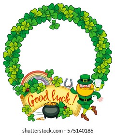 Round frame with shamrock, leprechaun and a pot of gold. St. Patrick Day background. Copy space. Vector clip art.