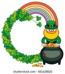 Round frame with shamrock, leprechaun and a pot of gold. St. Patrick Day background. Copy space. Vector clip art.