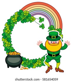 Round frame with shamrock, leprechaun and a pot of gold. St. Patrick Day background. Copy space. Vector clip art.