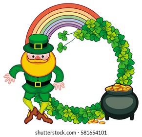 Round frame with shamrock, leprechaun and a pot of gold. St. Patrick Day background. Copy space. Vector clip art.