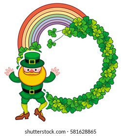 Round frame with shamrock and leprechaun. St. Patrick Day background. Copy space. Vector clip art.