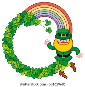 Round frame with shamrock and leprechaun. St. Patrick Day background. Copy space. Vector clip art.