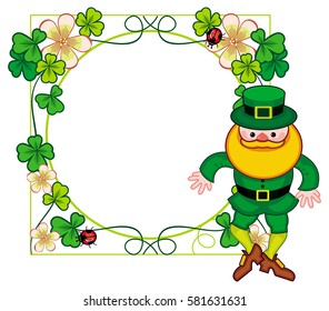 Round frame with shamrock and leprechaun. St. Patrick Day background. Copy space. Vector clip art.