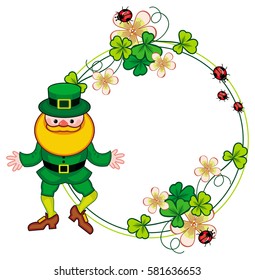 Round frame with shamrock and leprechaun. St. Patrick Day background. Copy space. Vector clip art.
