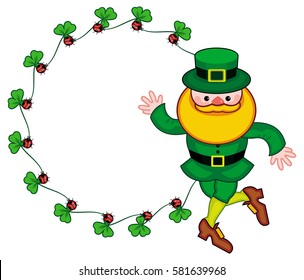 Round frame with shamrock and leprechaun. St. Patrick Day background. Copy space. Vector clip art.