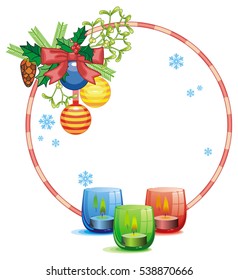 Round frame in shape of Christmas garland and lighted candle in the glass candle holder. Copy space. Vector clip art.
