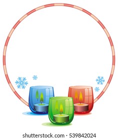 Round frame in shape of Christmas garland and lighted candle in the glass candle holder. Copy space. Vector clip art.