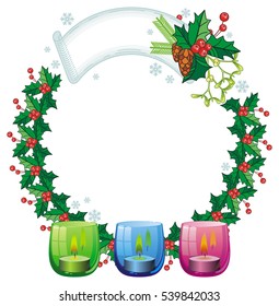 Round frame in shape of Christmas garland and lighted candle in the glass candle holder. Copy space. Vector clip art.