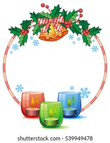 Round frame in shape of Christmas garland and lighted candle in the glass candle holder. Copy space. Vector clip art.